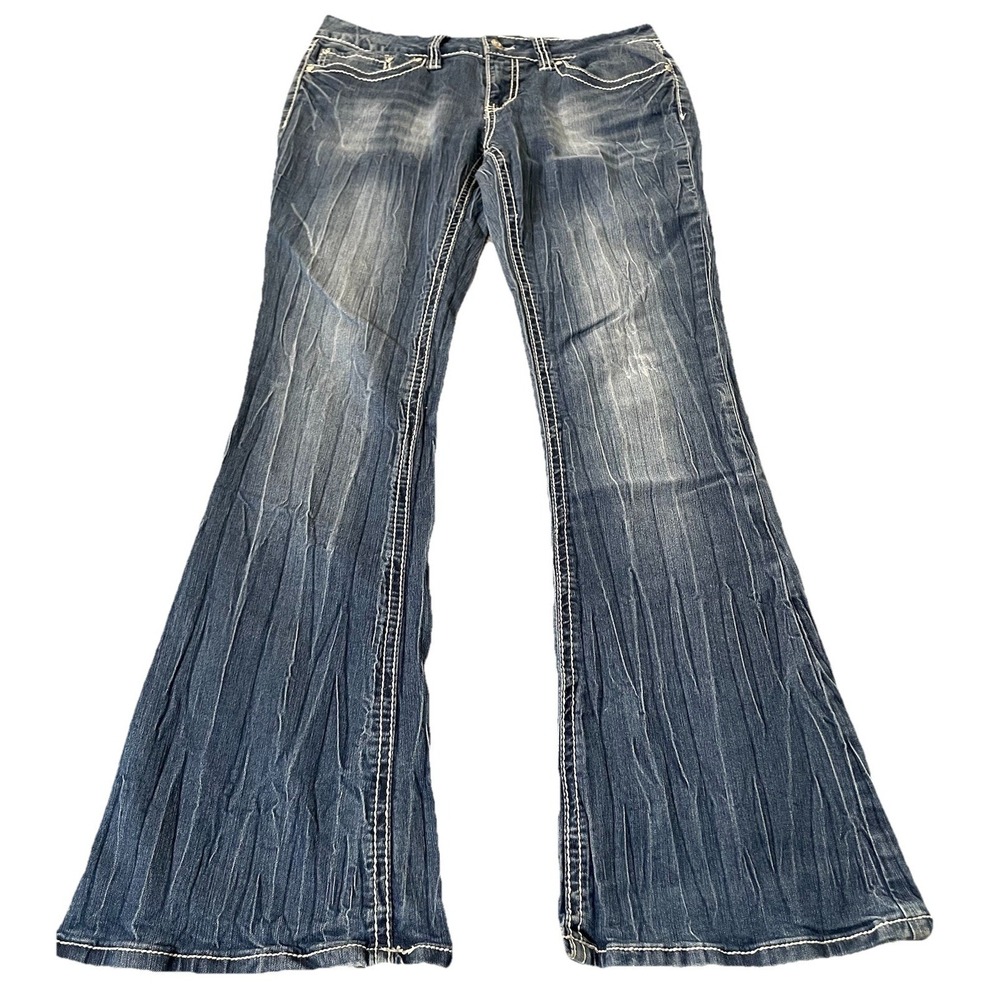 Y2K YMI Bootcut Jeans Waist 32 Blue Crinkled Chambray Low Rise Rhinestone Retro